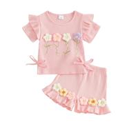 XIXIMAON Crochet Flowers Decor Short Sleeve T Shirt Frill Hem Shorts Set | Cute Crochet Flowers Decor Short Sleeve T Shirt Tops Frill Hem Shorts Newborn Knitted Ribbed Short Set Girls Clothing
