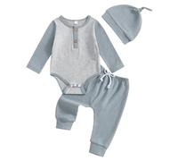 XIXIMAON Infant Baby Boy Fall Winter Clothes Set Contrast Color Long Sleeve Romper Elastic Pants Hat 3pcs Set Newborn Outfits (Blue, 3-6 Months)