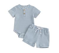 XIXIMAON Infant Baby Boy Summer Clothes Short Sleeve Button Romper Elastic Waist Shorts Set Stripe Bodysuit Newborn Two Piece Outfit Boys Casual Set (Blue, 12-18 Months)