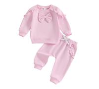 XIXIMAON Infant Baby Girl Tracksuit Long Sleeve Crew Neck Ruffle Bow Sweatshirt Drawstring Trousers Set Toddler Autumn Clothes Newborn Winter Outfits (Pink, 12-18 Months)