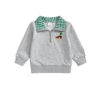 XIXIMAON Kids Sweatshirt Boys Autumn Winter Tops Duck Embroidery Long Sleeve Half Zipper Plaid Patch Lapel Crew Neck Jumpers Toddler Baby Boy Clothes (Gray, 18-24 Months)