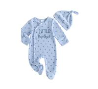 XIXIMAON Little Brother Footie Jumpsuit Hat Set Newborn Baby Boy Clothes | Baby Boy Fall Clothes Little Bro Outfits Cute Baby Long Sleeve Ribbed Waffle Romper Star Letters Embroidery Hospital Bodysuit