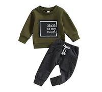 XIXIMAON Mama Is My Bestie Baby Boy Clothes Set Long Sleeve Lettered Jumper Drawstring Solid Long Pants 2pcs Toddler Kids Boy Tracksuits (Green, 6-12 Months)