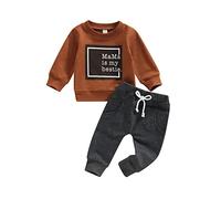 XIXIMAON Mama Is My Bestie Baby Boy Clothes Set Long Sleeve Lettered Jumper Drawstring Solid Long Pants 2pcs Toddler Kids Boy Tracksuits (Brown, 6-12 Months)