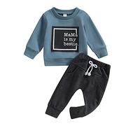XIXIMAON Mama Is My Bestie Baby Boy Clothes Set Long Sleeve Lettered Jumper Drawstring Solid Long Pants 2pcs Toddler Kids Boy Tracksuits (Blue, 3-6 Months)
