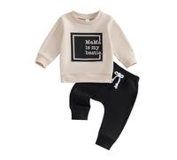 XIXIMAON Mama Is My Bestie Baby Boy Clothes Set Long Sleeve Lettered Jumper Drawstring Solid Long Pants 2pcs Toddler Kids Boy Tracksuits (Khaki, 3-6 Months)
