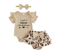 XIXIMAON Mommys Bestie Newborn Outfits Girl i Got It From My Mama Short Sleeve Ruffle Romper Leopard Bow Skort Headband Set Infant Girl Summer Outfits (Khaki, 0-3 Months)