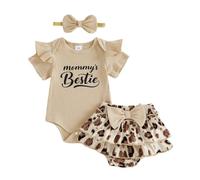 XIXIMAON Mommys Bestie Newborn Outfits Girl i Got It From My Mama Short Sleeve Ruffle Romper Leopard Bow Skort Headband Set Infant Girl Summer Outfits (Khaki 1, 12-18 Months)