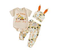 XIXIMAON My First Easter Day Baby Boy Outfits Excavator Bunny Carrot Print Short Sleeve Romper Elastic Jogger Pants Bunny Ear Hat Set 3pcs Infant Boy Fall Spring Clothes (Orange, 6-12 Months)