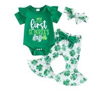 XIXIMAON My First St Patricks Day Outfits Newborn Ruffle Short Sleeve Romper Bow Elastic Waist Clover Print Flare Pants Headband 3pcs Set (Green, 3-6 Months)