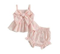 XIXIMAON Newborn Baby Girl Lovely Outfits Sleeveless Daisy Plaid Print Big Bow Ruffle Cami Top Elastic Shorts Set 2pcs Infant Girl Summer Holiday Clothes (Pink, 3-6 Months)