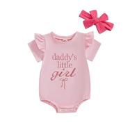 XIXIMAON Newborn Baby Girl Summer Romper Daddy’s Little Girl Letter Bow Embroidery Short Sleeve Jumpsuit with Headband Toddler Outfits Girls Clothes (Pink, 0-3 Months)