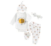 XIXIMAON Newborn Baby Girls Boys Outfits Could i Any Cuter Romper Bee Print Trousers Hat Headband 4pcs Set Infant Fall Winter Clothes (White, 0-3 Months)