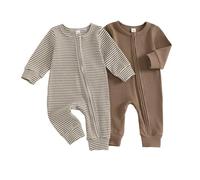 XIXIMAON Newborn Baby Grow Boys Rompers Pack Of 2 Stripe Solid Color Long Sleeve Zipper Crew Neck Knitted Jumpsuit Infant Overalls Autumn Winter Outfit (Coffee, 0-3 Months)