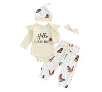XIXIMAON Newborn Come Home Outfits Baby Girls 4pcs Outfits Set Long Sleeve Romper Top Bow Print Trousers Hat Headband Set Infant Fall Clothes