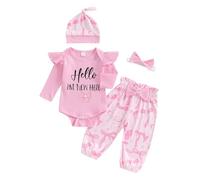 XIXIMAON Newborn Come Home Outfits Baby Girls 4pcs Outfits Set Long Sleeve Romper Top Bow Print Trousers Hat Headband Set Infant Fall Clothes