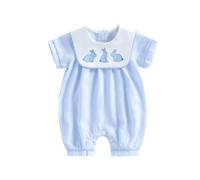 XIXIMAON Newborn Easter Romper Infant Boy Bunny Embroidery Sailor Collar Short Sleeve Jumpsuit Toddler Baby Boy Easter Outfits One Piece Striped Bodysuit Summer Clothes (Blue, 0-3 Months)