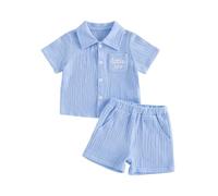 XIXIMAON Newborn Little Brother Outfit Baby Boy Summer Clothes Letter Embroidery Short Sleeve Lapel Button Up Shirts Shorts Set Toddler Linen Clothing 2Pcs (Sky Blue, 12-18 Months)