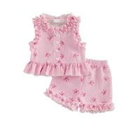 XIXIMAON Summer Toddler Girl Clothes Bow Stripe Print Button Down Sleeveless Vest Shirt Ruffle Top Shorts Set 2pcs Cute Baby Girl Outfits (Pink, 3-4T)