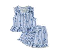 XIXIMAON Summer Toddler Girl Clothes Bow Stripe Print Button Down Sleeveless Vest Shirt Ruffle Top Shorts Set 2pcs Cute Baby Girl Outfits