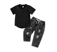 XIXIMAON Toddler Baby Boy 2 Pieces Outfits Short Sleeve Tee Shirt Top Ripped Jeans Pants Set Infant Boy 2pcs Denim Trousers Set Fall Spring Tracksuit (Black, 12-18 Months)