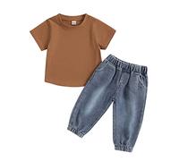 XIXIMAON Toddler Baby Boy 2 Pieces Outfits Short Sleeve Tee Shirt Top Ripped Jeans Pants Set Infant Boy 2pcs Denim Trousers Set Fall Spring Tracksuit (Coffee, 3-4T)