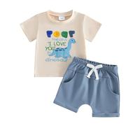XIXIMAON Toddler Baby Boy Dinosaur Roar Outfits Set Letters Embroidery Short Sleeve Crew Neck Tee Shirt Solid Color Shorts Set 2pcs Infant Boy Summer Cotton Clothes (Apricot, 12-18 Months)