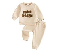 XIXIMAON Toddler Baby Boy Girl Fall Winter Clothes 2pcs Mini Bestie Letter Print Embroidery Tracksuit Set Long Sleeve Sweatshirt Pants Set (Beige, 2-3 Years)