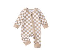 XIXIMAON Toddler Baby Boy Jumpsuit Round Neck Long Sleeve Checkerboard Zipper Romper patchwork Bodysuit Newborn Coming Home Clothes Boys Fall Outfit (Khaki, 0-3 Months)