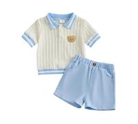 XIXIMAON Toddler Baby Boy Outfit Summer Clothes t Shirt And Short Set 2Pcs | Bear Applique Cable Knit Short Sleeve Lapel Collar Shirts Tops Solid Color Shorts Set Kids School Outfits Boys Clothing