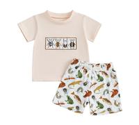 XIXIMAON Toddler Baby Boy Summer Clothes Insect Embroidered Short Sleeve Shirt Top Animal Print Shorts Set 2pcs Infant Boy Casual Outfits (Ivory, 3-6 Months)