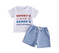XIXIMAON Toddler Baby Boy Summer Outfits Mommy and Daddy Letters Print Short Sleeve Tshirt Tops Soft Cotton Shorts Set Newborn Boys Clothes 0-3 Years (Blue, 12-18 Months)