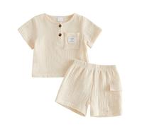 XIXIMAON Toddler Baby Boy Summer Outfits Pocket Short Sleeve Button Up T-Shirt Solid Color Elastic Waist Shorts 2pcs Infant Cotton Linen Clothes Set (Beige, 3-4T)
