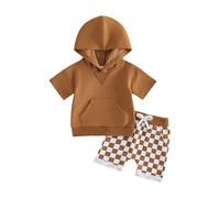 XIXIMAON Toddler Baby Boy Summer Outfits Solid Color Pocket Front Short Sleeve Hoodie Top Checkerboard Plaid Shorts Set Infant 2 Piece Sport Outfits