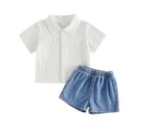 XIXIMAON Toddler Baby Boy Two Piece Outfits Solid Color Short Sleeve Lapel Collar Button Down Shirt Cotton Tops Denim Shorts Set Kids Summer Jeans Sets (White, 6-12 Months)