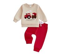 XIXIMAON Toddler Baby Boy Valentine Outfit Letter Heart Tractor Embroidery Long Sleeve Sweatshirt Tops Trousers Set 2pcs Tracksuit Spring Autumn Clothes (Khaki, 0-6 Months)