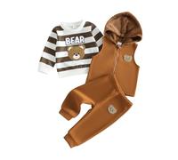 XIXIMAON Toddler Baby Boy Winter Outfit 3Pcs Fluffy Warm Clothes Cartoon Bear Embroidery Long Sleeve Striped Sweatshirt Hooded Gilet Waistcoat Trouser Set (Brown, 9-12 Months)