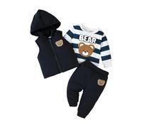 XIXIMAON Toddler Baby Boy Winter Outfit 3pcs Fluffy Warm Clothes Cartoon Bear Embroidery Long Sleeve Striped Sweatshirt Hooded Gilet Waistcoat Trouser Set (Multicolor, 18-24 Months)
