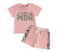 XIXIMAON Toddler Baby Girl Clothes Leopard Letter Print Short Sleeve T-Shirt Tops Elastic Waist Patchwork Shorts Set 2pcs Kids Girls Summer Outfit (Pink, 6-12 Months)
