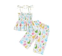 XIXIMAON Toddler Baby Girl Easter Outfits Egg Rabbit Floral Print Strap Tank Sleeveless Ruffle Tops Long Pants 2pcs Kids Summer Cotton Clothes Set (Green, 3-4T)
