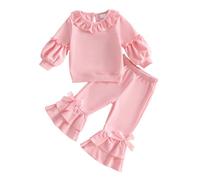 XIXIMAON Toddler Baby Girl Outfits 2Pcs Solid Color Long Sleeve Sweatshirt Bow Flared Pants Kids Girls Tops Trousers Set Spring Fall Clothes 1-5 Years