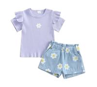 XIXIMAON Toddler Baby Girl Summer Outfits Ruffle Short Sleeve Floral Print Ribbed Shirts Denim Shorts Set for Little Girls Kid Flower Pattern Clothes (Purple, 3-4T)