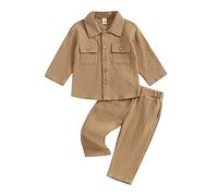 XIXIMAON Toddler Boy 2 Pieces Cotton Linen Clothes Set Solid Color Long Sleeve Button Down Shirt Pants Set Summer Fall Outfits Set Baby Shower Clothes (Khaki, 3-4 Years)