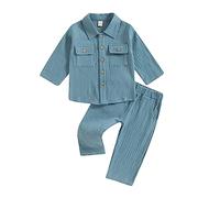 XIXIMAON Toddler Boy 2 Pieces Cotton Linen Clothes Set Solid Color Long Sleeve Button Down Shirt Pants Set Summer Fall Outfits Set Baby Shower Clothes (Blue, 3-4 Years)