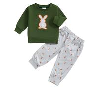 XIXIMAON Toddler Boy Easter Clothes Set Rabbit Embroidered Long Sleeve Jumper Drawstring Pants Set 2pcs Baby Boys Fall Spring Outfits (Green, 2-3T)