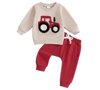 XIXIMAON Toddler Boy Fall Clothes Tractor Embroidery Long Sleeve Crew Neck Sweatshirt Long Pants 2pcs Tracksuits Set Infant Boys Winter Farm Outfit (Red, 18-24 Months)