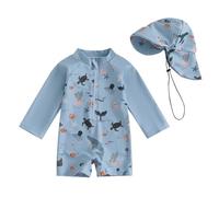 XIXIMAON Toddler Boy One Piece Swimsuit Marine Animal Print Half Zipper Long Sleeve Bathing Suit Kids Rash Guard Newborn Baby Boy Swimwear with Hat