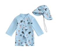 XIXIMAON Toddler Boy One Piece Swimsuit Marine Animal Print Half Zipper Long Sleeve Bathing Suit Kids Rash Guard Newborn Baby Boy Swimwear with Hat