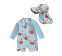 XIXIMAON Toddler Boy One Piece Swimsuit Marine Animal Print Half Zipper Long Sleeve Bathing Suit Kids Rash Guard Newborn Baby Boy Swimwear with Hat