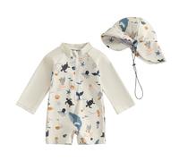 XIXIMAON Toddler Boy One Piece Swimsuit Marine Animal Print Half Zipper Long Sleeve Bathing Suit Kids Rash Guard Newborn Baby Boy Swimwear with Hat